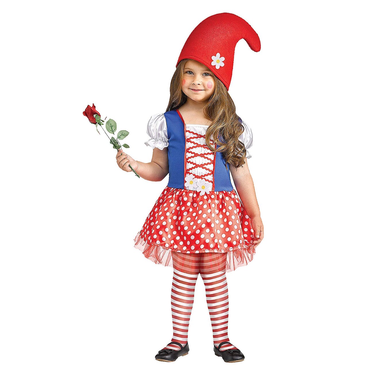 Adorable Girl's Gnome Costume Dress with Polka Dot Skirt Tights and Red Hat